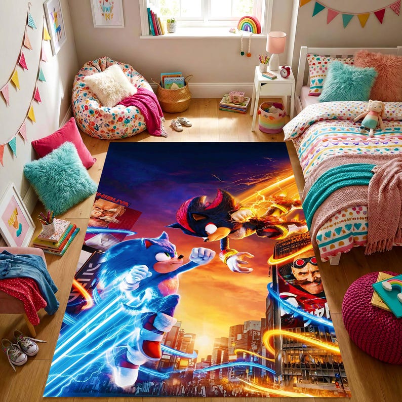 Sonic Riders Rug Sonic Vs Shadow Kids Rug: Neon City Duel Area Carpet, Non-slip Machine ...