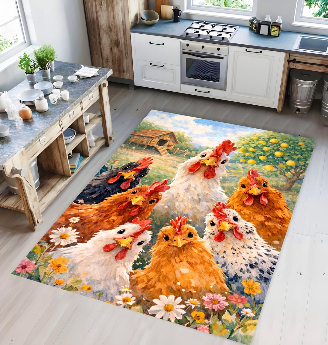 Chicken Kitchen Rug Chicken Kitchen Rug: Farmhouse Hen Carpet, Non-slip Machine-washable - Etsy