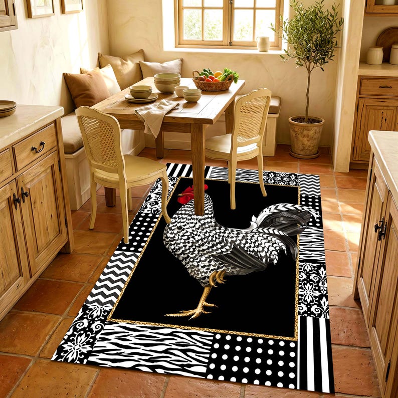 Barred Rooster Kitchen Rug: Black White Farmhouse Carpet, Non-slip ...