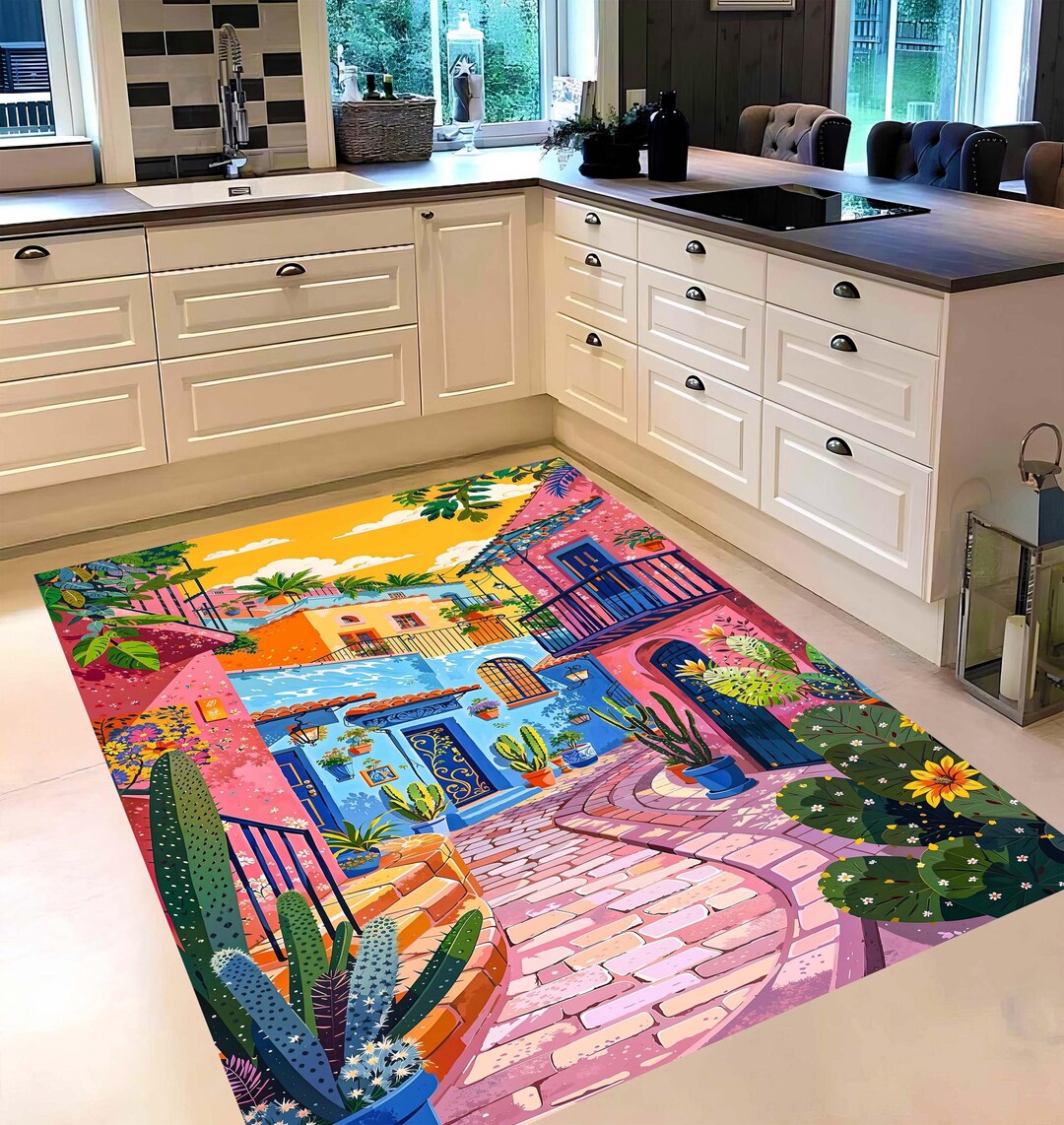 Tomatillo Rugs Colorful Mexican Courtyard Kitchen Rug: Tropical Cactus Floor Carpet ...