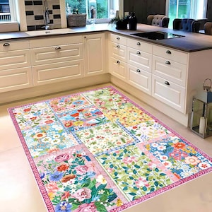 Floral Patchwork Kitchen Rug: Cottage Garden Botanical Carpet, Non-Slip Machine-Washable