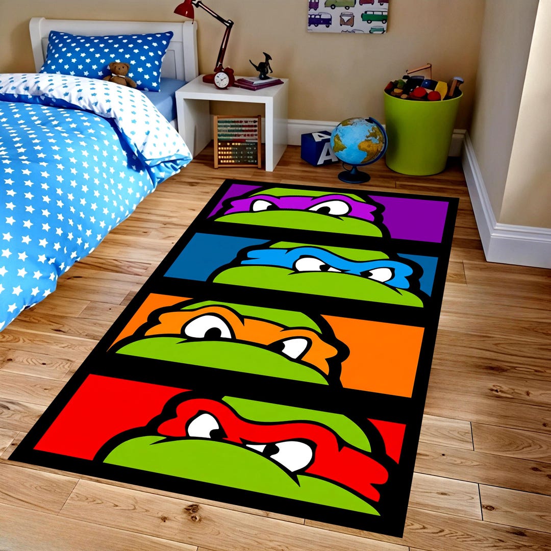 Cartoon Ninja Turtle Squad Eyes Kids Rug: Color Block Playroom Carpet ...