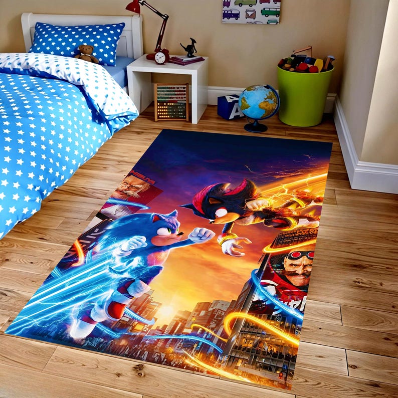 Sonic R Rug Sonic Vs Shadow Kids Rug: Neon City Duel Area Carpet, Non-slip Machine ...