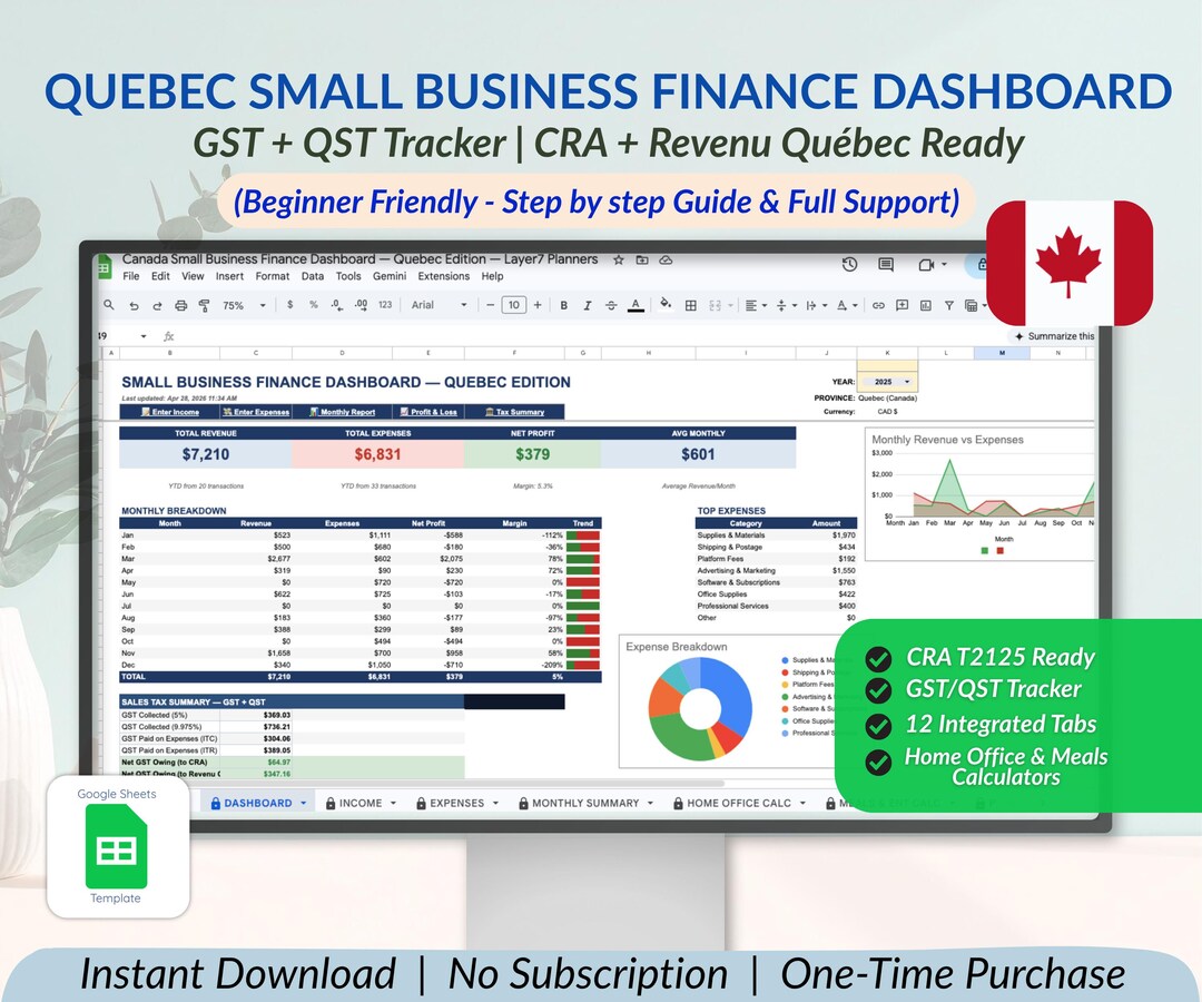 Quebec Bookkeeping Spreadsheet | GST QST Tracker Google Sheets | Small ...