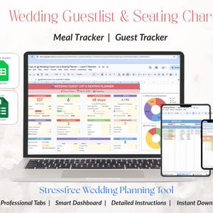 Wedding Guest List and Seating Chart Tracker | RSVP Tracker, Meal Planner Spreadsheet | Google Sheets and Excel Template | Digital Download