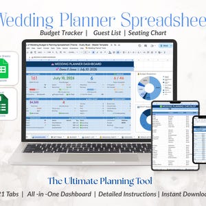 May include: A laptop, tablet, and smartphone display a wedding planner spreadsheet. The screen shows a budget tracker, guest list, and seating chart. The text reads "Wedding Planner Spreadsheet" and "The Ultimate Planning Tool".