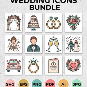May include: A collection of 100 premium wedding icons in a bundle. The image features various wedding-related illustrations, including a wedding arch, cake, rings, bouquet, bride, groom, champagne glasses, a car with "Just Married" text, a ring, invitation, and a heart.