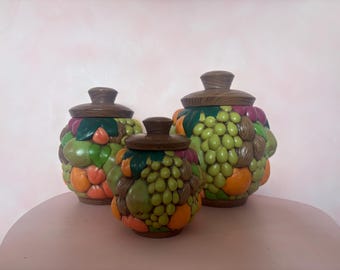 Ensemble de conserves de fruits en céramique MCM Jamar Mallory vintage 1967 - Déco de cuisine Mid-Century