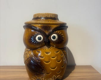 Owl Cookie Jar Vintage 1970s Glazed Ceramic Giftcraft Japan Brown Tan Kitchen Decor