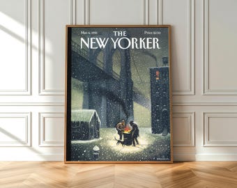 Vintage The New Yorker Cover Poster – Brooklyn Bridge Winter Scene Wall Art, New York Magazine Cover Print, Snowy Cityscape Printable Poster