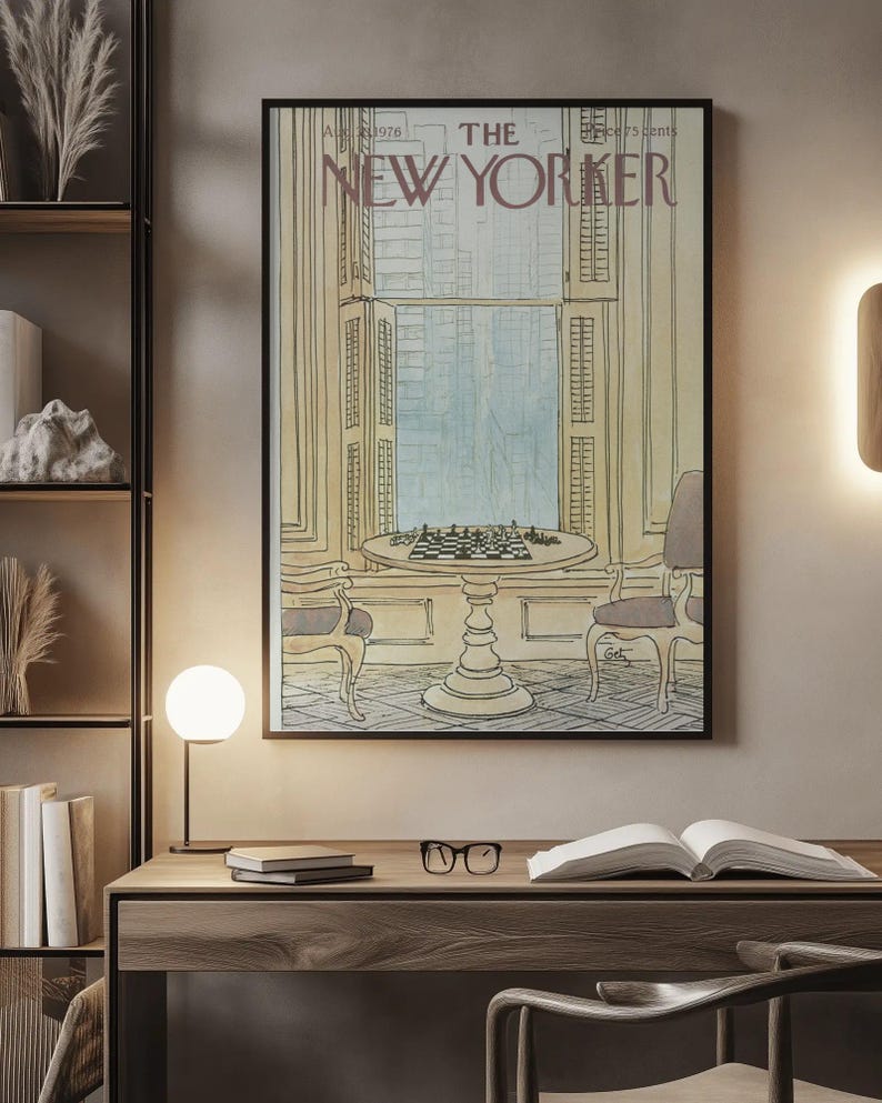 New Yorker 30 augusti 1976 omslagsaffisch, vintage schackväggkonst, tidningsomslagstryck, lägenhetsdekor i New York, litterärt konstverk bild 6