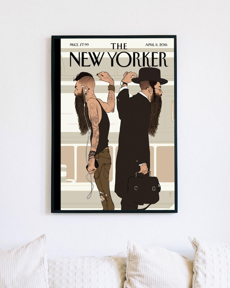 New Yorker-affisch, judisk tunnelbaneväggkonst, illustration av hasidisk man, omslagstryck av tidskriften New York, rumsinredning i urban mode bild 3