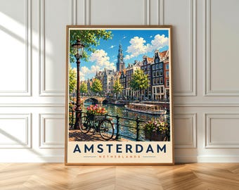Amsterdam Travel Poster, Vintage Netherlands Skyline Art, Amsterdam Netherlands Art Print, Netherlands Illustration Amsterdam Travel Poster