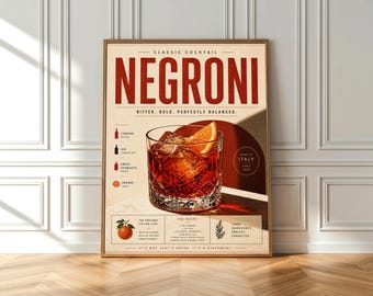 Negroni Poster, Classic Italian Cocktail Wall Art, Vintage Bar Print, Kitchen Decor, Campari Drink Poster, Bold Bar Art, Framed or Unframed