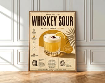 Whiskey Sour Cocktail Poster, Vintage Bar Wall Art, Classic Drink Print, Kitchen & Bar Decor, Bourbon Cocktail Artwork