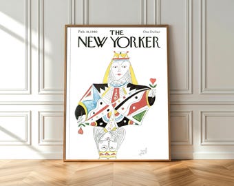 Vintage The New Yorker Cover Framed Poster – Queen of Hearts Playing Card Wall Art, Retro Magazine Cover Print, Artistic Framed Wall Decor