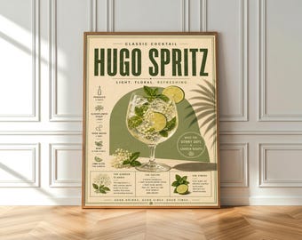 Hugo Spritz Cocktail Poster – Vintage Kitchen Wall Art, Italian Aperitif Print, Retro Drink Recipe Decor