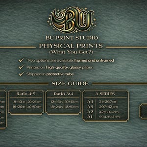 May include: An advertisement for physical prints from BU Print Studio. The image features a logo, text, and a size guide with dimensions in inches and centimeters. The prints are available framed or unframed, printed on glossy paper, and shipped in a protective tube.