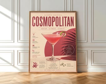 Cosmopolitan Poster, Classic Cocktail Wall Art, Pink Drink Print, Vintage Bar Decor, Kitchen Wall Art, Framed or Unframed