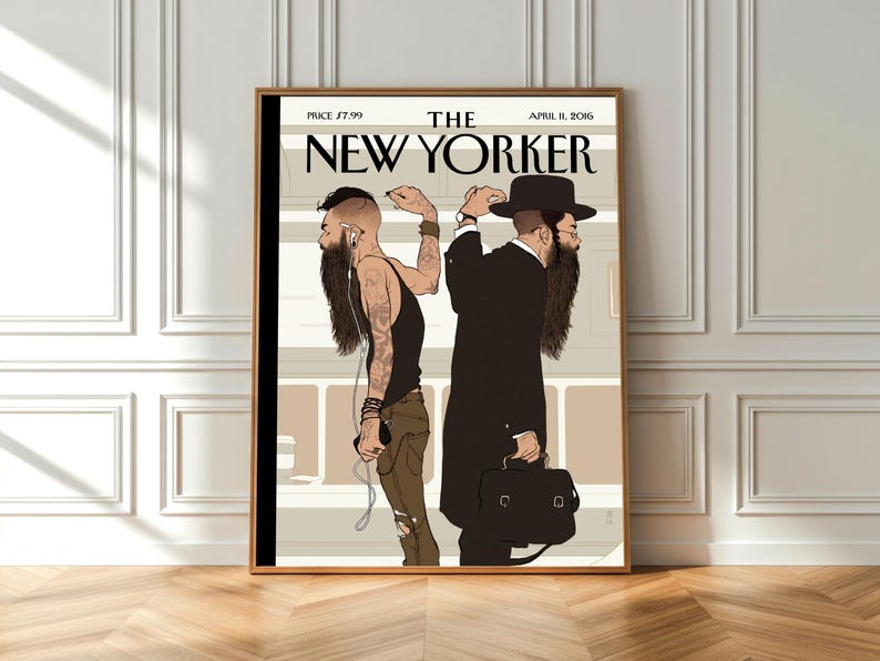 New Yorker-affisch, judisk tunnelbaneväggkonst, illustration av hasidisk man, omslagstryck av tidskriften New York, rumsinredning i urban mode bild 1