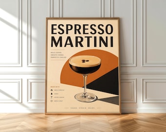 Espresso Martini Cocktail Poster, Modern Coffee Art Print, Minimal Bar Decor, Kitchen Wall Art, Vintage Inspired Drink Poster