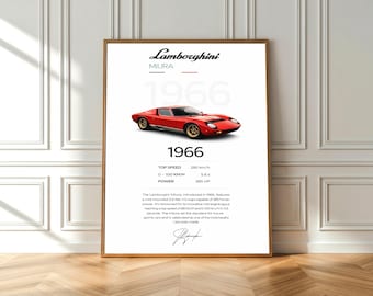 Lamborghini Miura Poster – Vintage Supercar Wall Art, 1966 Classic Car Print, Minimal Automotive Decor, Italian Sports Car Poster