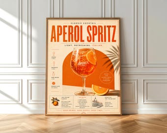 Aperol Spritz Cocktail Poster, Italian Aperitivo Wall Art, Vintage Drink Print, Kitchen Bar Decor, Summer Cocktail Art, Framed or Unframed