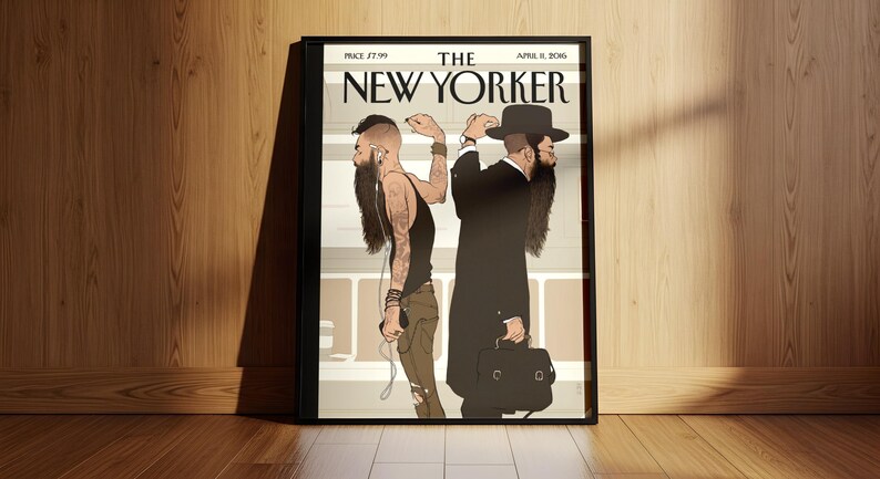 New Yorker-affisch, judisk tunnelbaneväggkonst, illustration av hasidisk man, omslagstryck av tidskriften New York, rumsinredning i urban mode bild 5