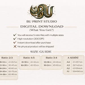 May include: Digital download size guide from BU Print Studio. Includes size ratios 2:3, 4:5, 3:4, and A Series sizes, with measurements in inches and centimeters. The guide also states that you will receive 5 ratio files, high resolution, and instant download.