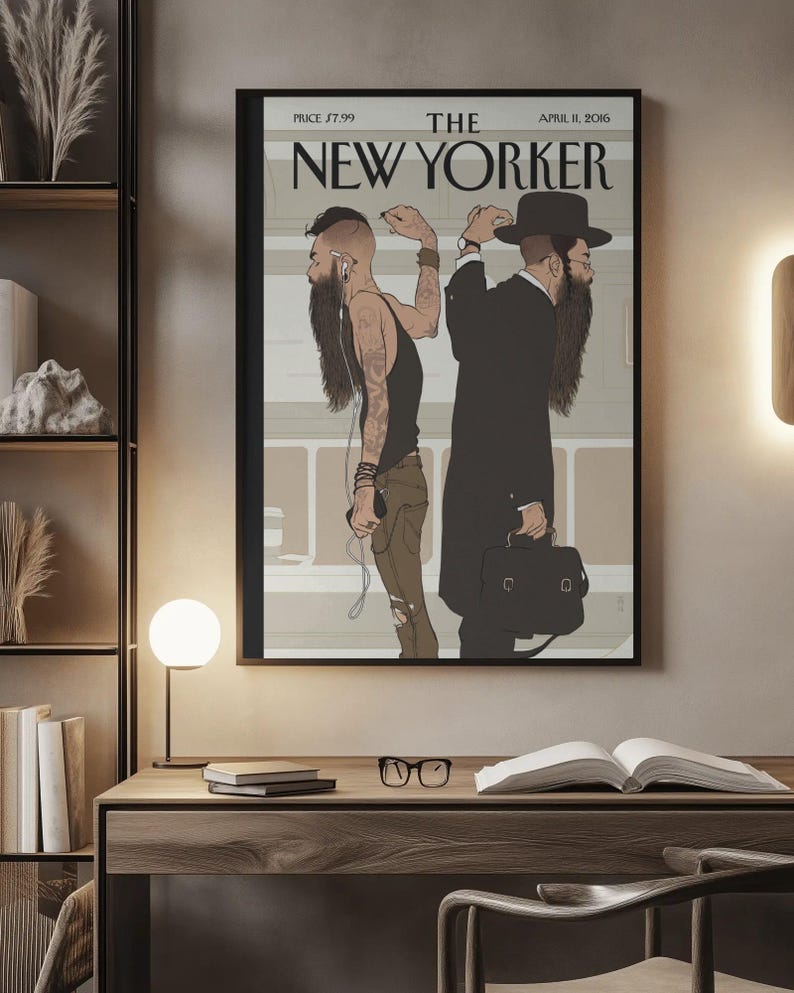 New Yorker-affisch, judisk tunnelbaneväggkonst, illustration av hasidisk man, omslagstryck av tidskriften New York, rumsinredning i urban mode bild 6