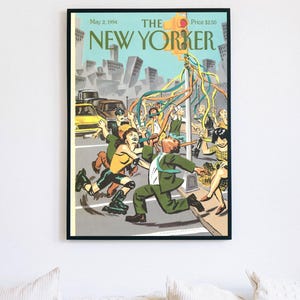 May include: A framed print of The New Yorker magazine cover dated May 2, 1994. The illustration depicts a city street scene with people in motion, including a person on rollerblades, reaching for colorful ribbons hanging from a traffic light.