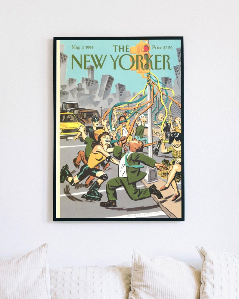 May include: A framed print of The New Yorker magazine cover dated May 2, 1994. The illustration depicts a city street scene with people in motion, including a person on rollerblades, reaching for colorful ribbons hanging from a traffic light.