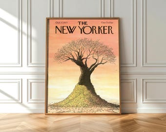 Vintage The New Yorker Cover Poster, Autumn Tree Wall Art,Retro Magazine Cover Print, Fall Leaves Printable Poster,Nature Illustration Decor
