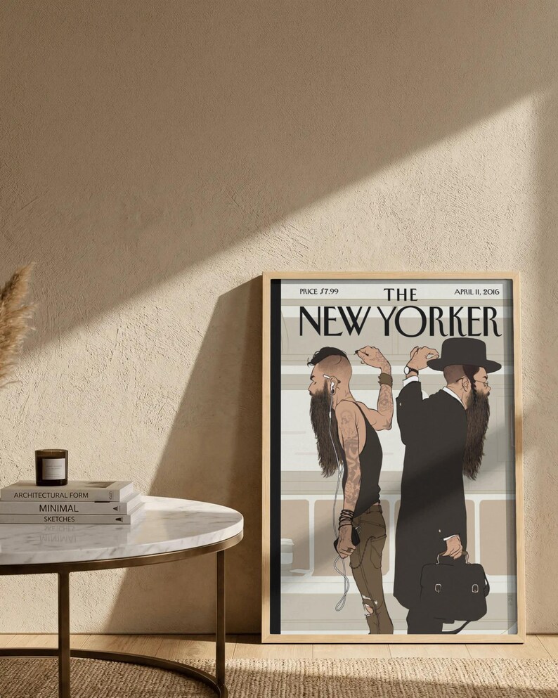New Yorker-affisch, judisk tunnelbaneväggkonst, illustration av hasidisk man, omslagstryck av tidskriften New York, rumsinredning i urban mode bild 4