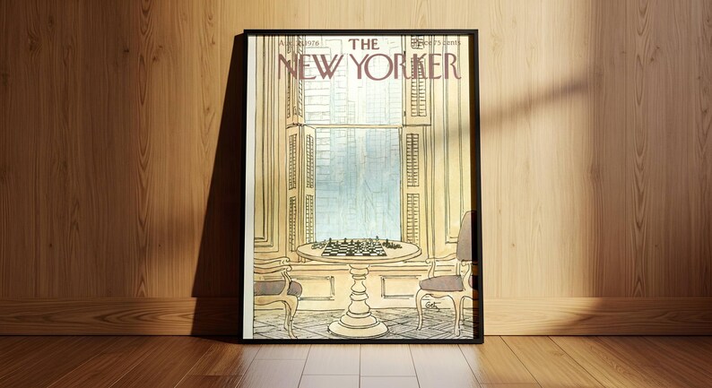 New Yorker 30 augusti 1976 omslagsaffisch, vintage schackväggkonst, tidningsomslagstryck, lägenhetsdekor i New York, litterärt konstverk bild 5