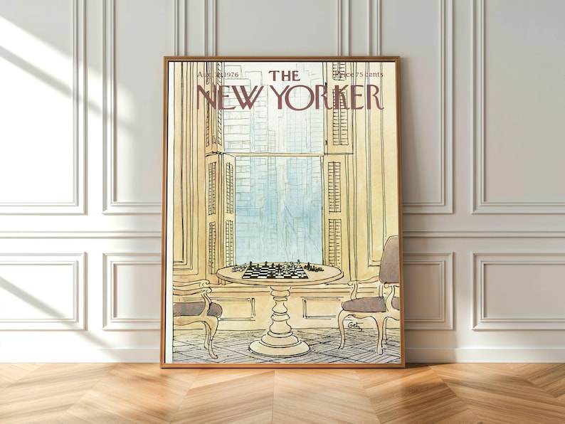 New Yorker 30 augusti 1976 omslagsaffisch, vintage schackväggkonst, tidningsomslagstryck, lägenhetsdekor i New York, litterärt konstverk bild 1