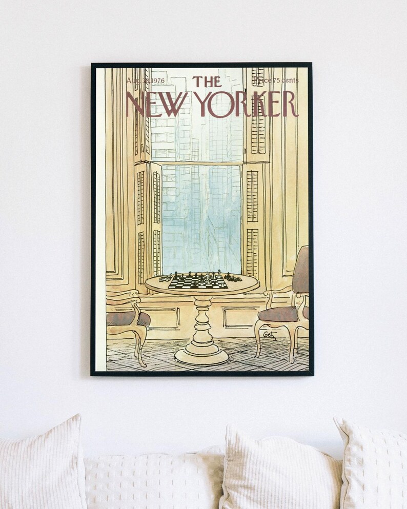 New Yorker 30 augusti 1976 omslagsaffisch, vintage schackväggkonst, tidningsomslagstryck, lägenhetsdekor i New York, litterärt konstverk bild 3