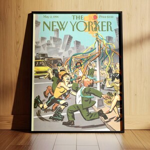 May include: A framed print of The New Yorker magazine cover dated May 2, 1994. The illustration depicts a group of people in an urban setting dancing around a pole with colorful ribbons, including a person on rollerblades and others in business attire.
