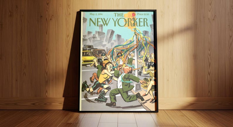 May include: A framed print of The New Yorker magazine cover dated May 2, 1994. The illustration depicts a group of people in an urban setting dancing around a pole with colorful ribbons, including a person on rollerblades and others in business attire.