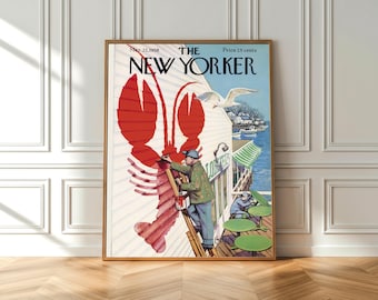 Vintage The New Yorker Cover Framed Poster – Lobster Restaurant Wall Art, Retro Magazine Cover Print, Coastal Illustration Framed Decor