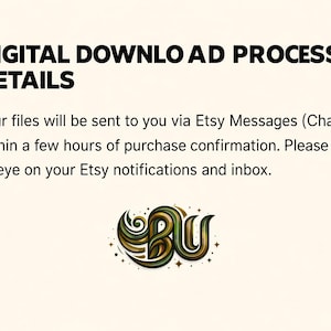 May include: Cream-colored graphic with the text "DIGITAL DOWNLOAD PROCESS & DETAILS". The text explains how files are sent via Etsy Messages after purchase. A decorative logo with the letters "BU" is at the bottom.