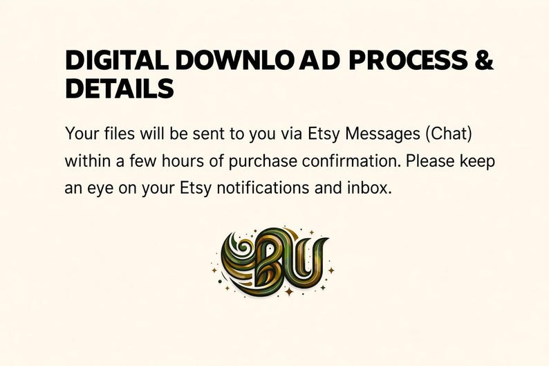 May include: Cream-colored graphic with the text "DIGITAL DOWNLOAD PROCESS & DETAILS". The text explains how files are sent via Etsy Messages after purchase. A decorative logo with the letters "BU" is at the bottom.