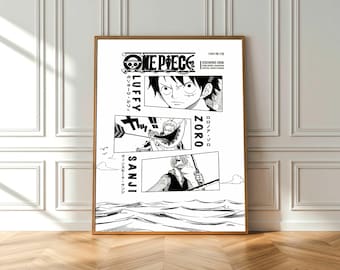 One Piece Poster – Luffy Zoro Sanji Manga Wall Art, Anime Print Decor, Black and White Pirate Aesthetic Poster