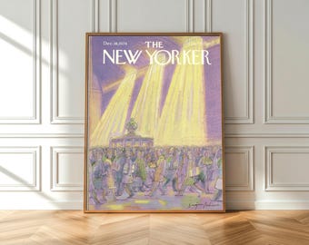 Vintage The New Yorker Cover Framed Poster – Grand Central Terminal Wall Art, Retro Magazine Cover Print, NYC Crowd Scene Framed Decor
