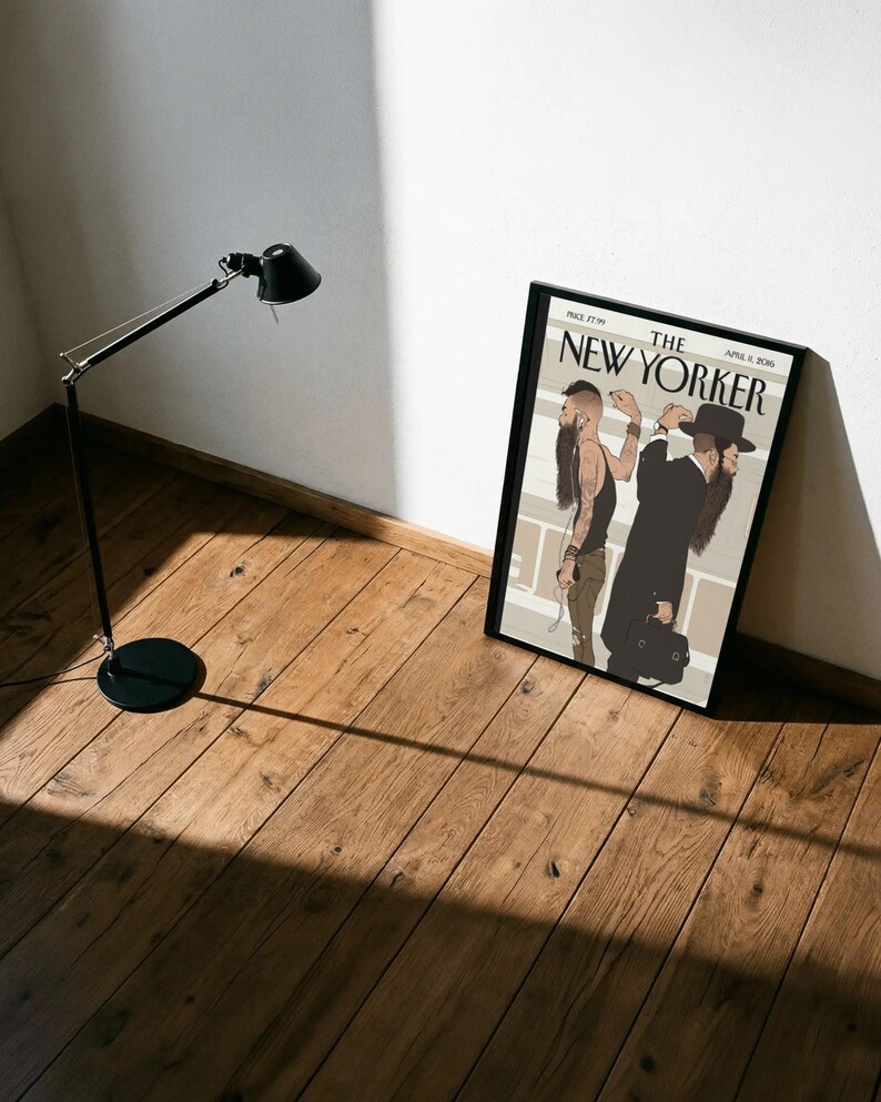 New Yorker-affisch, judisk tunnelbaneväggkonst, illustration av hasidisk man, omslagstryck av tidskriften New York, rumsinredning i urban mode bild 2