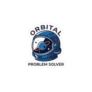 May include: A sticker depicting a blue astronaut helmet with the word "ORBITAL" above it. The helmet's visor shows a planet with a ring and a rocket. The text "PROBLEM SOLVER" is below the helmet, all on a white background.