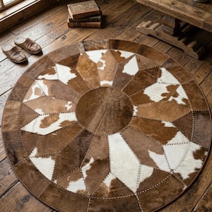 Round Cowhide Patchwork Rug | Handmade Genuine Cowhide Area Rug | Western Farmhouse Leather Carpet | Rustic Round Rug Decor