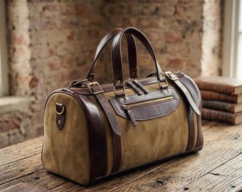 Vintage leren reistas, olijfgroene suède leren reistas, weekendtas voor mannen, handbagage voor overnachtingen, rustieke leren sporttas als cadeau