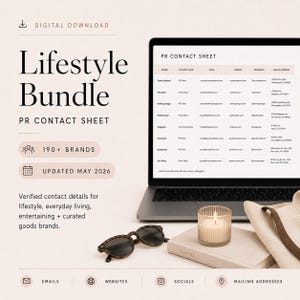 May include: A digital download titled "Lifestyle Bundle PR Contact Sheet" with a laptop displaying a spreadsheet. The image includes sunglasses, a candle, and a tote bag. Text includes "190+ Brands" and "Updated May 2026."