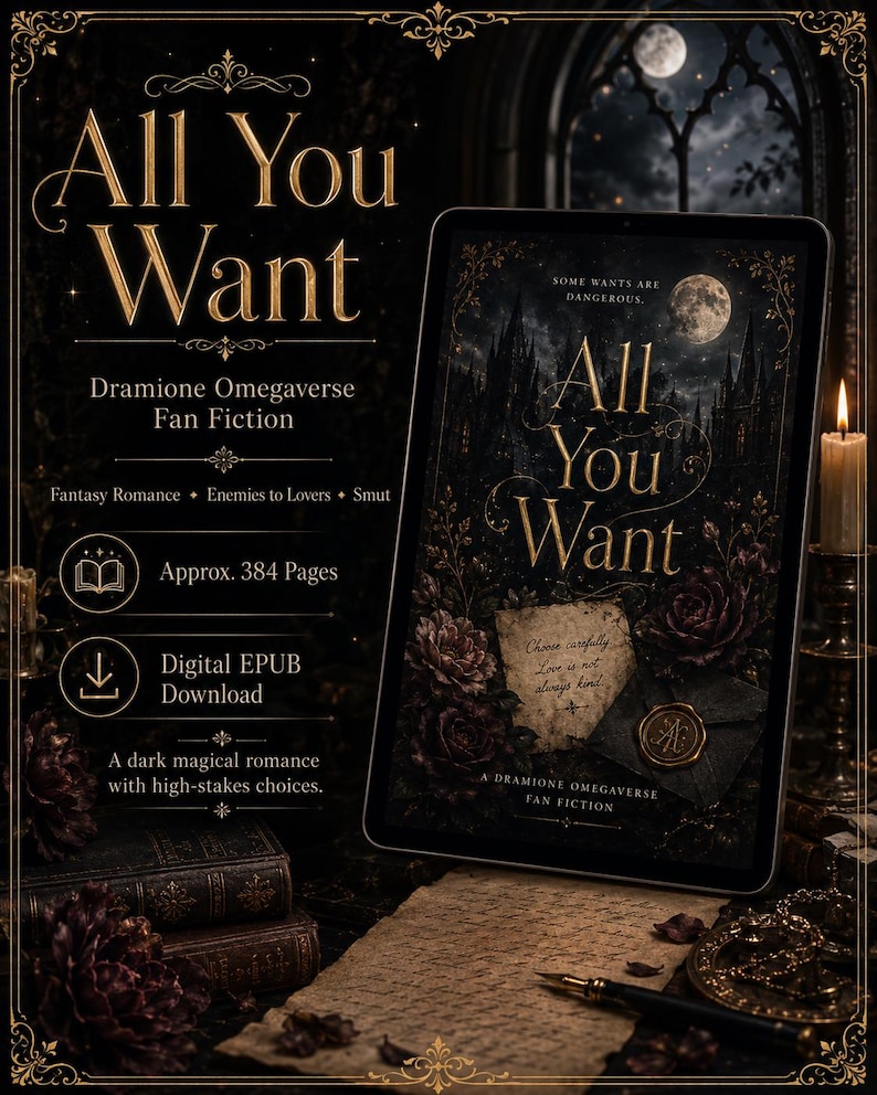 Pode incluir: Um tablet digital exibindo a capa de um livro intitulada All You Want, com motivos florais escuros, uma lua cheia e um envelope com selo de cera. O texto inclui Dramione Omegaverse Fan Fiction, aprox. 384 p&aacute;ginas e download EPUB.